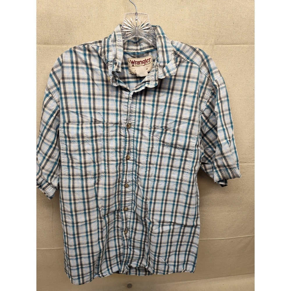 Wrangler Rugged Wear Men Large Blue Plaid Short Sleeve Button Down Shirt RWS91SB